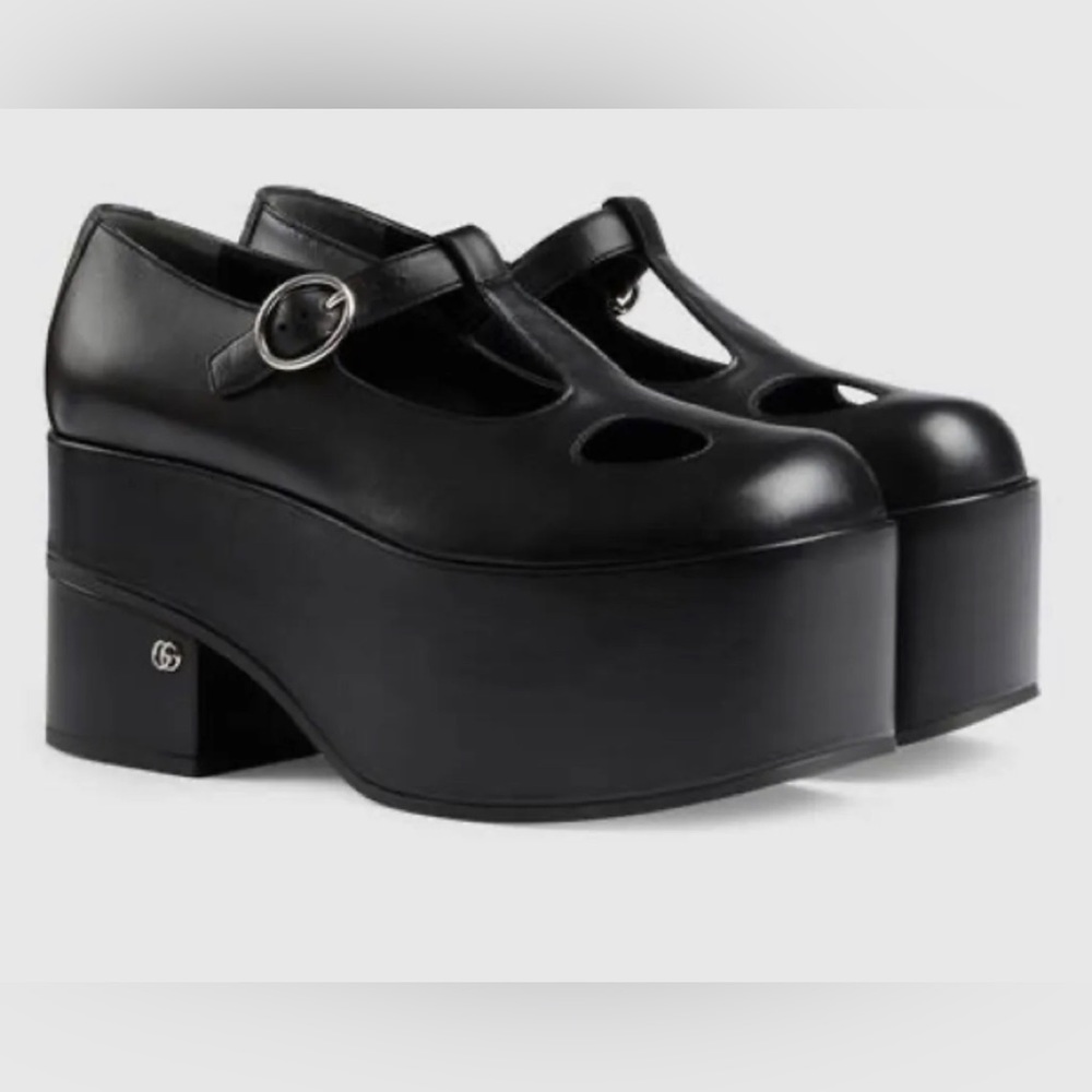 Gucci Mary Jane Platform Pump Black Leather Women ‘s Sz 37.5 NIB